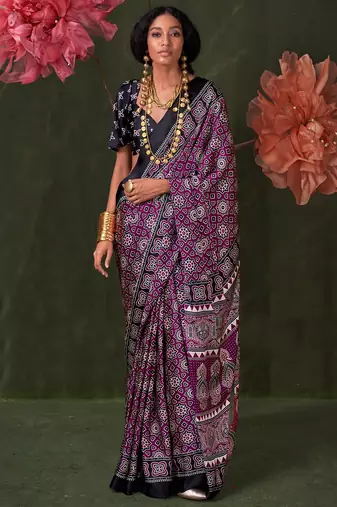 magenta modal ajrak block designer block print sareewith blouse piece