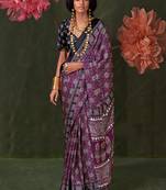 magenta modal ajrak block designer block print sareewith blouse piece