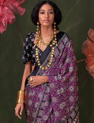 magenta modal ajrak block designer block print sareewith blouse piece 2