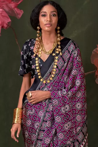 magenta modal ajrak block designer block print sareewith blouse piece