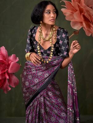 magenta modal ajrak block designer block print sareewith blouse piece 3