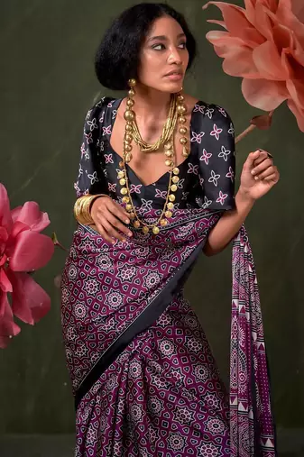 magenta modal ajrak block designer block print sareewith blouse piece
