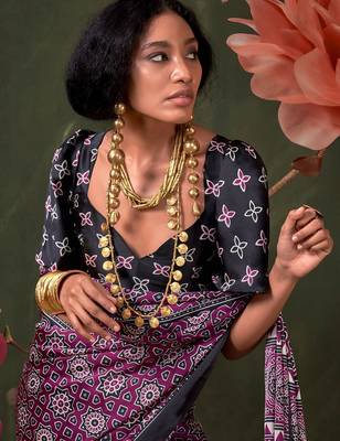magenta modal ajrak block designer block print sareewith blouse piece 4