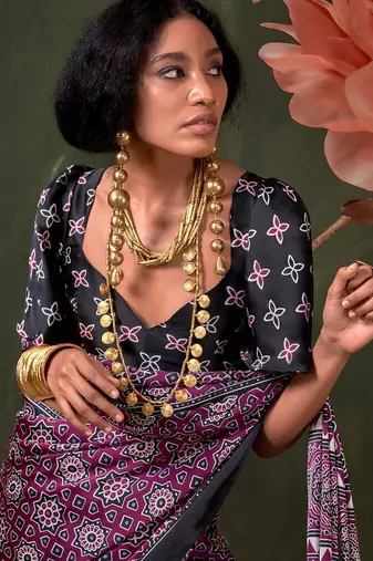 magenta modal ajrak block designer block print sareewith blouse piece