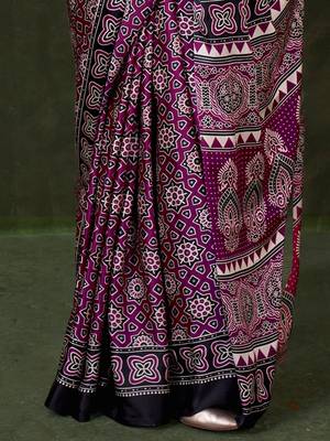 magenta modal ajrak block designer block print sareewith blouse piece 5