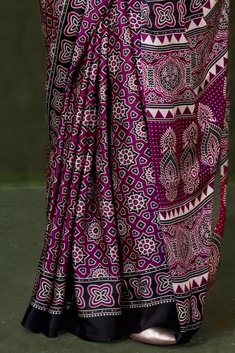 magenta modal ajrak block designer block print sareewith blouse piece