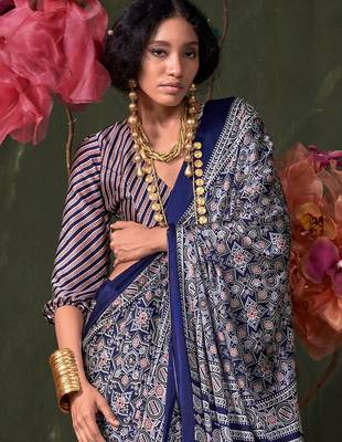 navy_blue modal ajrak block printed saree with matching blouse 1