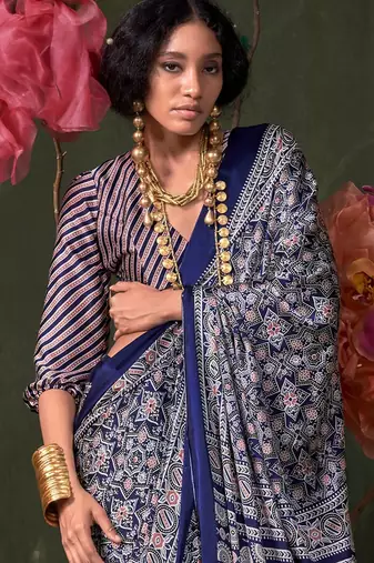 navy_blue modal ajrak block printed saree with matching blouse