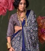 navy_blue modal ajrak block printed saree with matching blouse