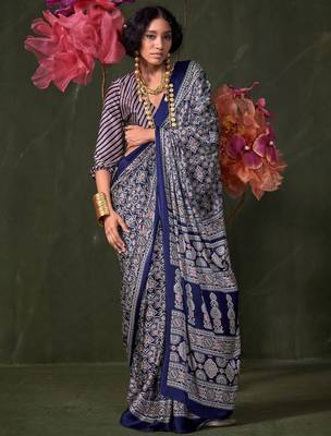 navy_blue modal ajrak block printed saree with matching blouse 2