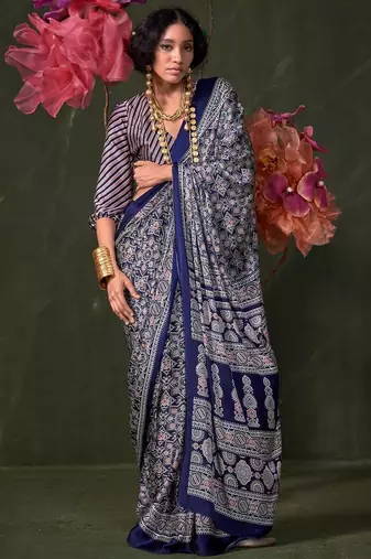 navy_blue modal ajrak block printed saree with matching blouse
