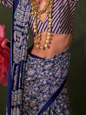 navy_blue modal ajrak block printed saree with matching blouse 3