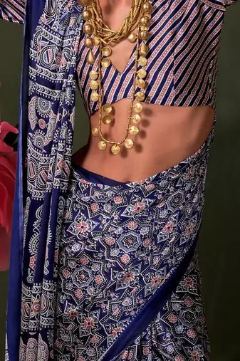 navy_blue modal ajrak block printed saree with matching blouse