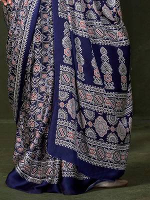 navy_blue modal ajrak block printed saree with matching blouse 4