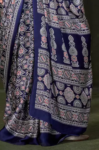 navy_blue modal ajrak block printed saree with matching blouse
