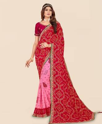 pink pink & red printed bandhani saree 1