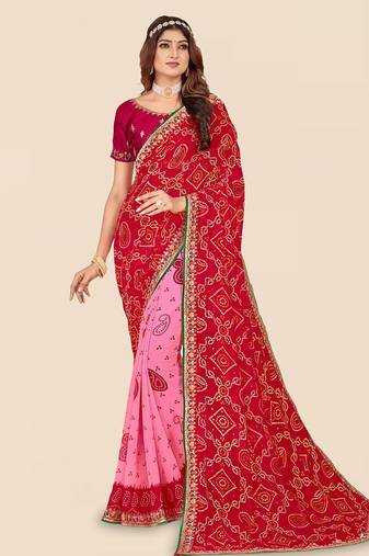 pink pink & red printed bandhani saree