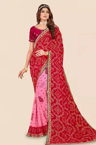 pink pink & red printed bandhani saree