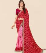 pink pink & red printed bandhani saree