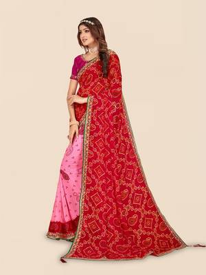 pink pink & red printed bandhani saree 2