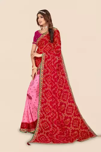 pink pink & red printed bandhani saree