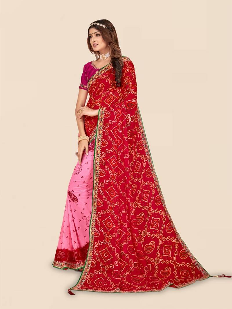 pink pink & red printed bandhani saree