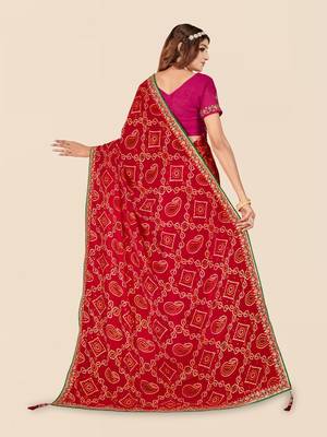 pink pink & red printed bandhani saree 3