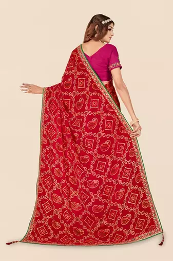 pink pink & red printed bandhani saree