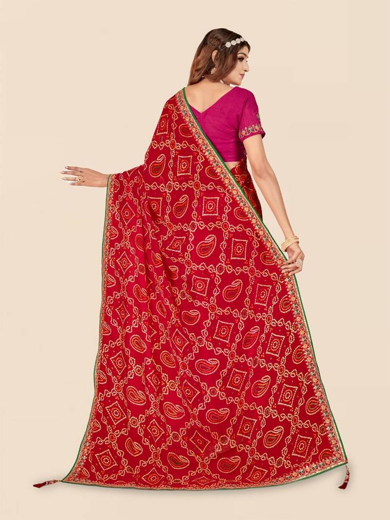 pink pink & red printed bandhani saree