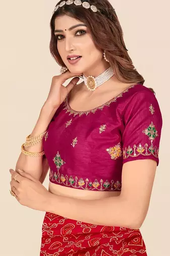 pink pink & red printed bandhani saree