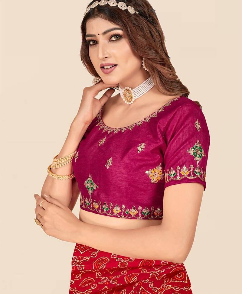 pink pink & red printed bandhani saree
