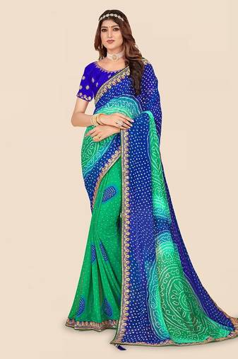 blue blue & green printed poly georgette bandhani saree
