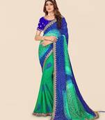blue blue & green printed poly georgette bandhani saree