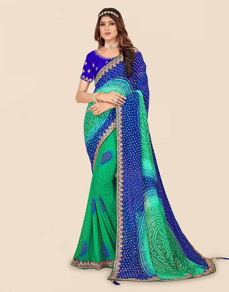 blue blue & green printed poly georgette bandhani saree