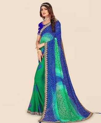 blue blue & green printed poly georgette bandhani saree 2