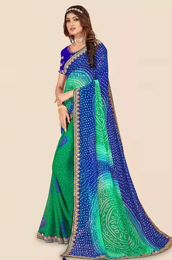 blue blue & green printed poly georgette bandhani saree