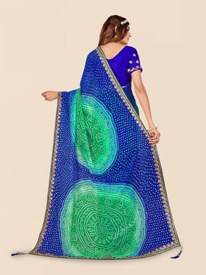 blue blue & green printed poly georgette bandhani saree 3
