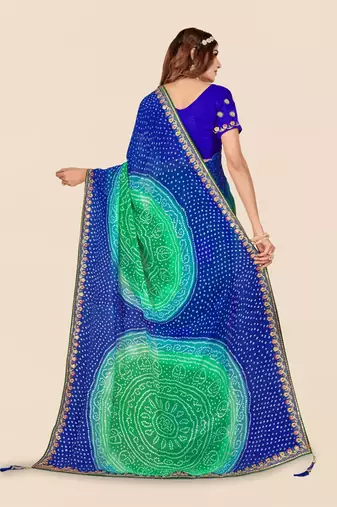 blue blue & green printed poly georgette bandhani saree
