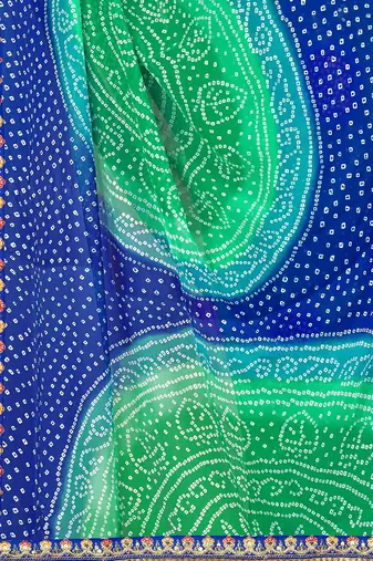 blue blue & green printed poly georgette bandhani saree