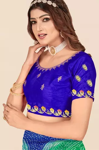 blue blue & green printed poly georgette bandhani saree