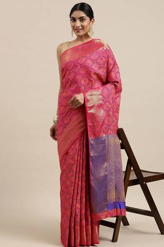 pink pink & blue woven design zari patola silksaree