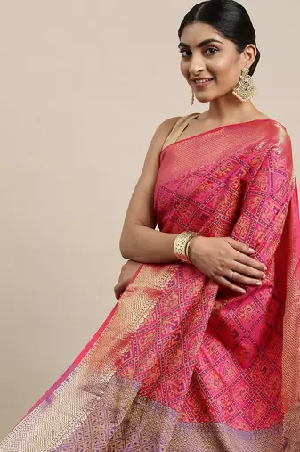 pink pink & blue woven design zari patola silksaree