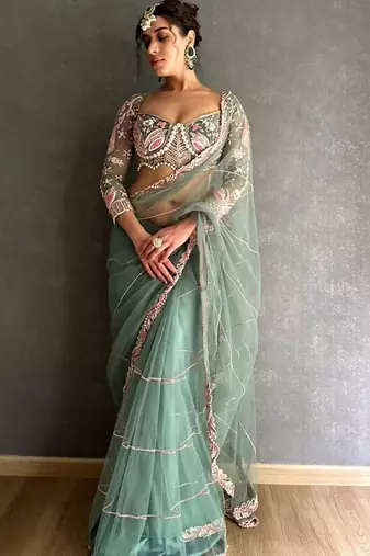 sea_green embellished embroidered net saree with unstitched blouse piece