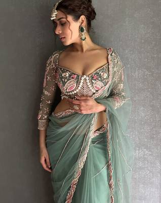 sea_green embellished embroidered net saree with unstitched blouse piece 2