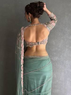 sea_green embellished embroidered net saree with unstitched blouse piece 3