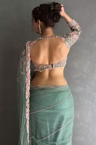 sea_green embellished embroidered net saree with unstitched blouse piece