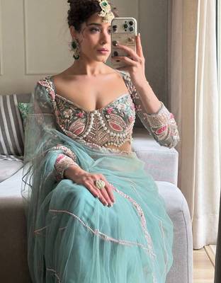 sea_green embellished embroidered net saree with unstitched blouse piece 4