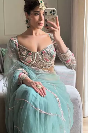 sea_green embellished embroidered net saree with unstitched blouse piece