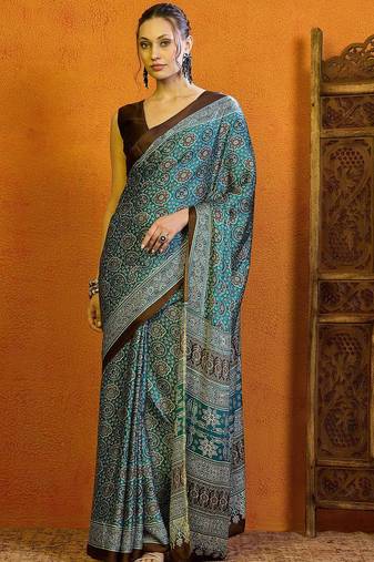 blue modal ajrak block satin block print sareewith blouse piece