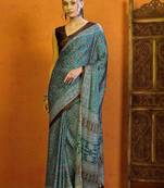 blue modal ajrak block satin block print sareewith blouse piece